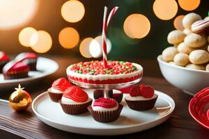 Weihnachten Dessert auf ein Tabelle mit Weihnachten Beleuchtung. KI-generiert foto