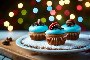 drei Blau Cupcakes auf ein Teller mit ein hölzern Hintergrund. KI-generiert foto