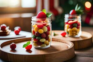 zwei Gläser gefüllt mit Obst und Beeren auf ein hölzern Tablett. KI-generiert foto