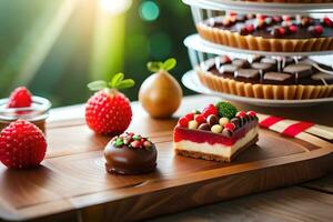 ein hölzern Tabelle mit verschiedene Nachspeisen und Frucht. KI-generiert foto