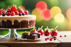 ein Kuchen mit Erdbeeren und Schokolade auf ein hölzern Tisch. KI-generiert foto