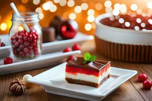 ein Stück von Käsekuchen auf ein Teller mit Beeren und andere Dekorationen. KI-generiert foto