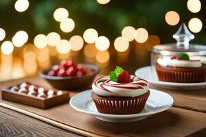 ein Cupcake mit ein rot Glasur und ein rot Himbeeren. KI-generiert foto