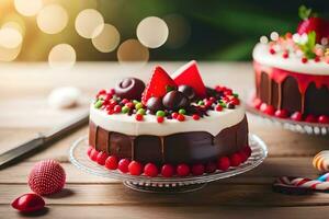 zwei Kuchen mit Schokolade Glasur und Süßigkeiten. KI-generiert foto