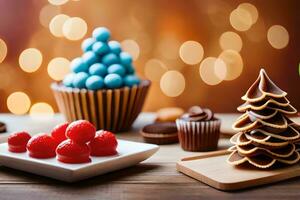 Weihnachten Kuchen, Cupcakes und andere Nachspeisen auf ein Tisch. KI-generiert foto