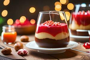 Weihnachten Dessert im Glas mit rot und Weiß Dekorationen. KI-generiert foto