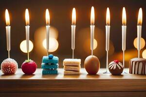 Kerzen sind zündete auf ein Tabelle mit Schokolade und andere Süßigkeiten. KI-generiert foto