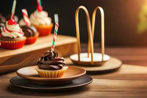 Schokolade Cupcakes auf hölzern Tabelle mit Strohhalme. KI-generiert foto