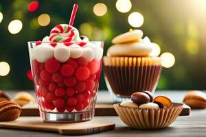 Weihnachten Dessert im Glas mit Süßigkeiten und Cupcakes. KI-generiert foto