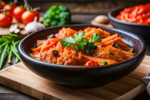 ein Schüssel von Essen mit Gemüse und Fleisch. KI-generiert foto