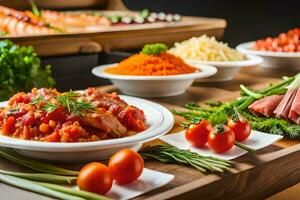 ein Buffet mit verschiedene Typen von Essen auf Es. KI-generiert foto