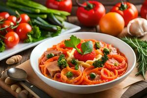 ein Schüssel von Pasta mit Gemüse und Tomaten. KI-generiert foto