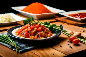 ein Tabelle mit Schalen von Essen und Gemüse. KI-generiert foto