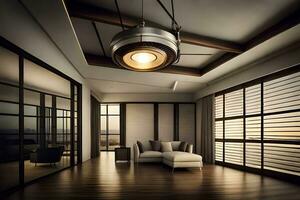 ein modern Leben Zimmer mit ein groß Fenster und ein Decke Fan. KI-generiert foto