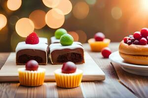 ein Tabelle mit ein Vielfalt von Nachspeisen und Cupcakes. KI-generiert foto