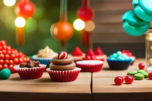 Weihnachten Cupcakes auf ein hölzern Tisch. KI-generiert foto