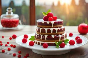 ein Kuchen mit Himbeeren auf oben und ein Glas von Milch. KI-generiert foto