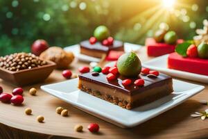 Weihnachten Dessert mit Kirschen und Nüsse auf ein hölzern Tisch. KI-generiert foto