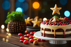 ein Kuchen mit ein Star auf oben und Beeren. KI-generiert foto