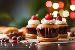 drei Cupcakes mit Schokolade Glasur und Erdbeeren. KI-generiert foto