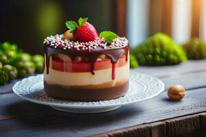 ein Schokolade Kuchen mit Erdbeeren und Nüsse auf oben. KI-generiert foto