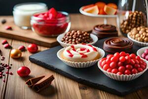 Sortiment von Süßigkeiten und Nachspeisen auf hölzern Tisch. KI-generiert foto