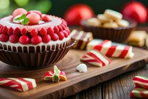 ein Kuchen mit rot und Weiß Glasur auf oben. KI-generiert foto