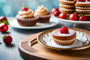 ein Teller mit Cupcakes und Erdbeeren auf Es. KI-generiert foto