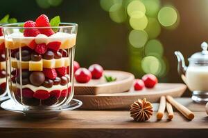 ein Dessert im ein Glas mit Beeren und Schokolade. KI-generiert foto