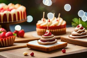 Weihnachten Kuchen auf hölzern Tabletts mit Beeren. KI-generiert foto