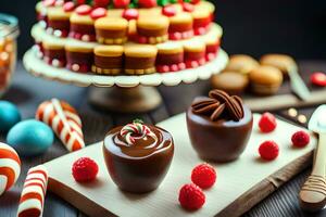 ein Tabelle mit Schokolade Nachspeisen und Süßigkeiten. KI-generiert foto
