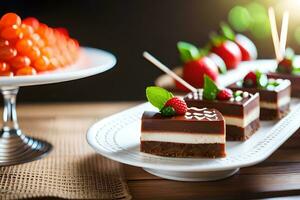 ein Dessert Tabelle mit Schokolade und Frucht. KI-generiert foto