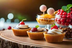 Cupcakes und andere Nachspeisen auf ein hölzern Tisch. KI-generiert foto