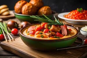 ein Schüssel von Essen mit Fleisch, Gemüse und Brot. KI-generiert foto