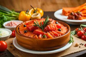 ein Schüssel von geräuchert Lachs mit Gemüse und andere Zutaten. KI-generiert foto