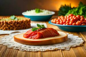 Lachs auf ein Käse Teller mit andere Lebensmittel. KI-generiert foto