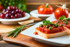 ein Teller von Essen mit Tomaten, Trauben und andere Gemüse. KI-generiert foto