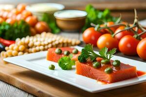 Lachs mit Gemüse und Tomaten auf ein Platte. KI-generiert foto