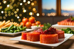 ein Tabelle mit Essen und ein Weihnachten Baum im das Hintergrund. KI-generiert foto