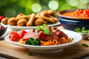 Spaghetti mit Fleischklößchen und Tomate Soße. KI-generiert foto