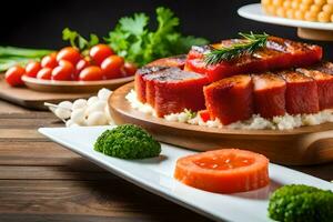 ein Teller von Essen mit Fleisch, Gemüse und Käse. KI-generiert foto