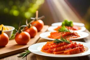 Lachs und Tomaten auf Platten mit ein Schüssel von Salat. KI-generiert foto