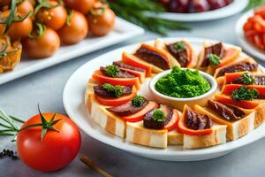 ein Teller von Essen mit Tomaten, Käse und andere Gemüse. KI-generiert foto