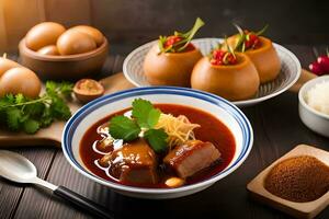 Chinesisch Essen mit Fleisch und Gemüse im Schalen. KI-generiert foto