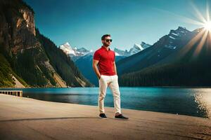 ein Mann im ein rot Hemd steht auf ein Dock mit Blick auf ein See. KI-generiert foto