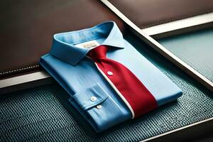 ein Blau Hemd und rot Krawatte Sitzung auf ein Tisch. KI-generiert foto