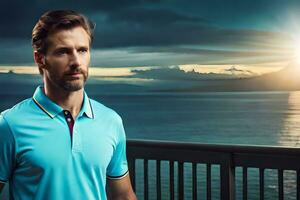 ein Mann im ein Blau Polo Hemd Stehen auf ein Balkon mit Blick auf das Ozean. KI-generiert foto