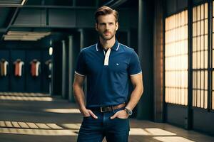 ein Mann im ein Blau Polo Hemd und Jeans. KI-generiert foto