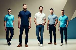 fünf Männer im Blau Polo Hemden und Jeans. KI-generiert foto