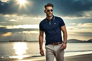 ein Mann im Sonnenbrille und ein Polo Hemd Gehen auf das Strand. KI-generiert foto